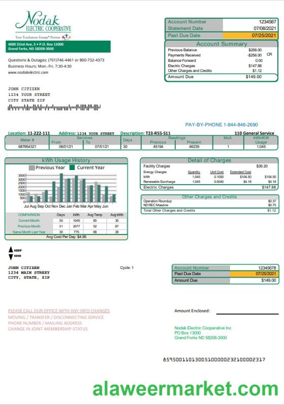 USA North Dakota Nodak Electric Cooperative utility bill template in Word and PDF format